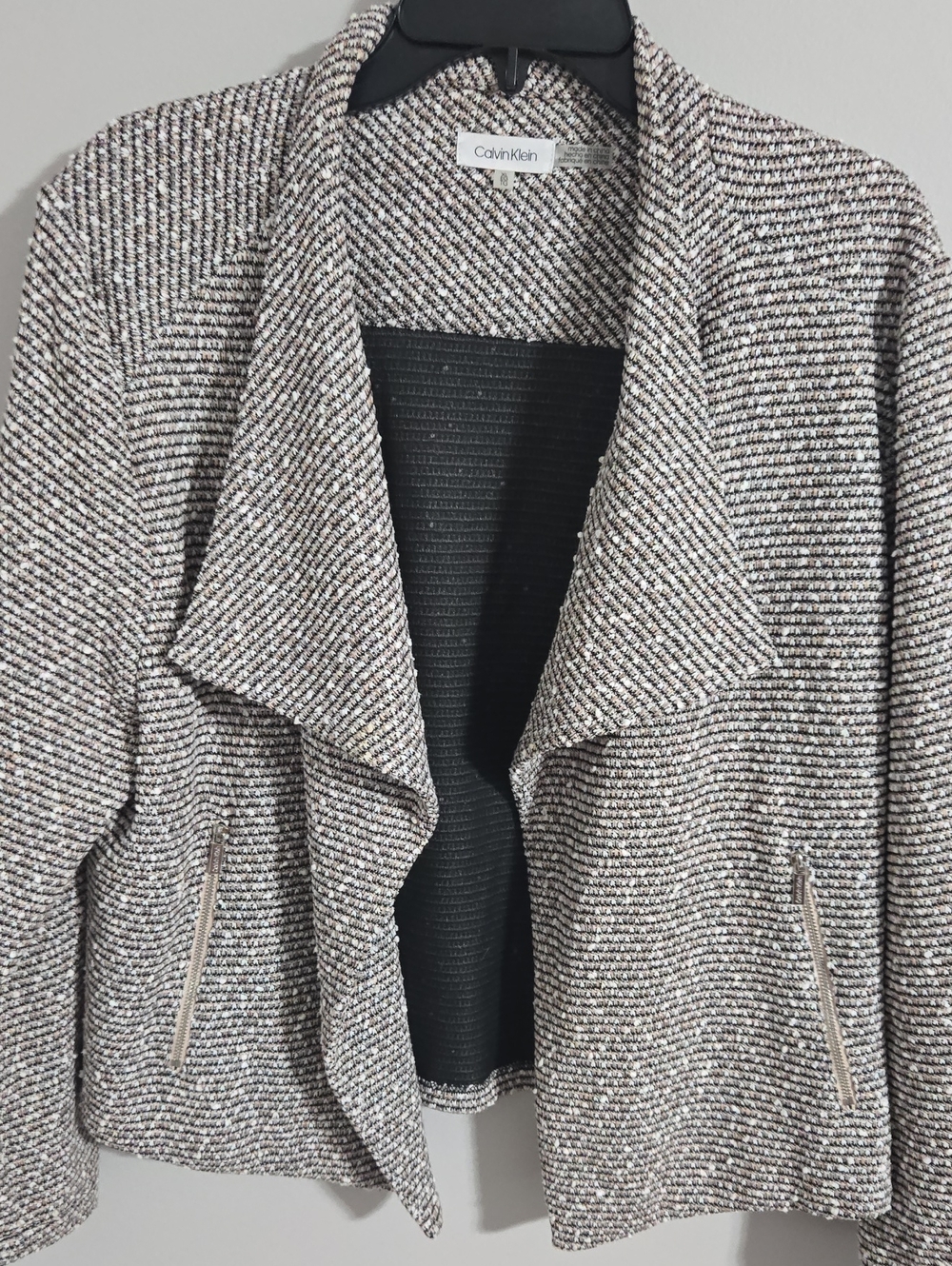 Calvin Klein Tweed Open Front Blazer in Black, Cream, & Tan